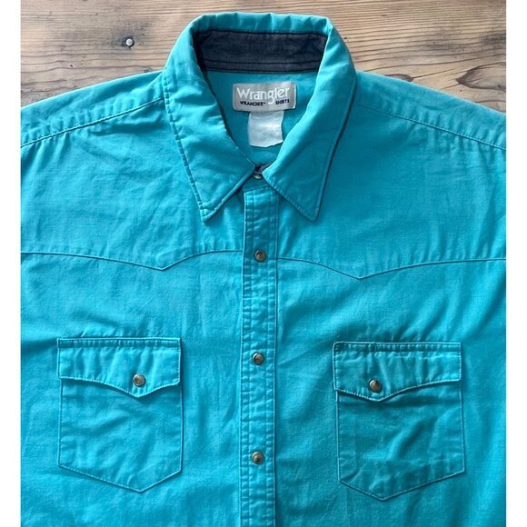 Wrangler Pearl Snap Button Up Shirt Mens 2XL Turquoise Blue Short Sleeve Western - Picture 4 of 7